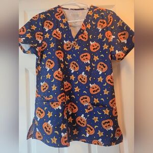Peanuts Navy & Orange Pumpkin Print S Scrub Top